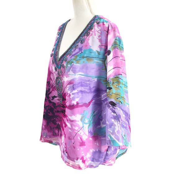 Ulla Popken Womens Size 20/22 Embellished Floral Blouse 3/4 Sleeve Relaxed Fit - Picture 5 of 8